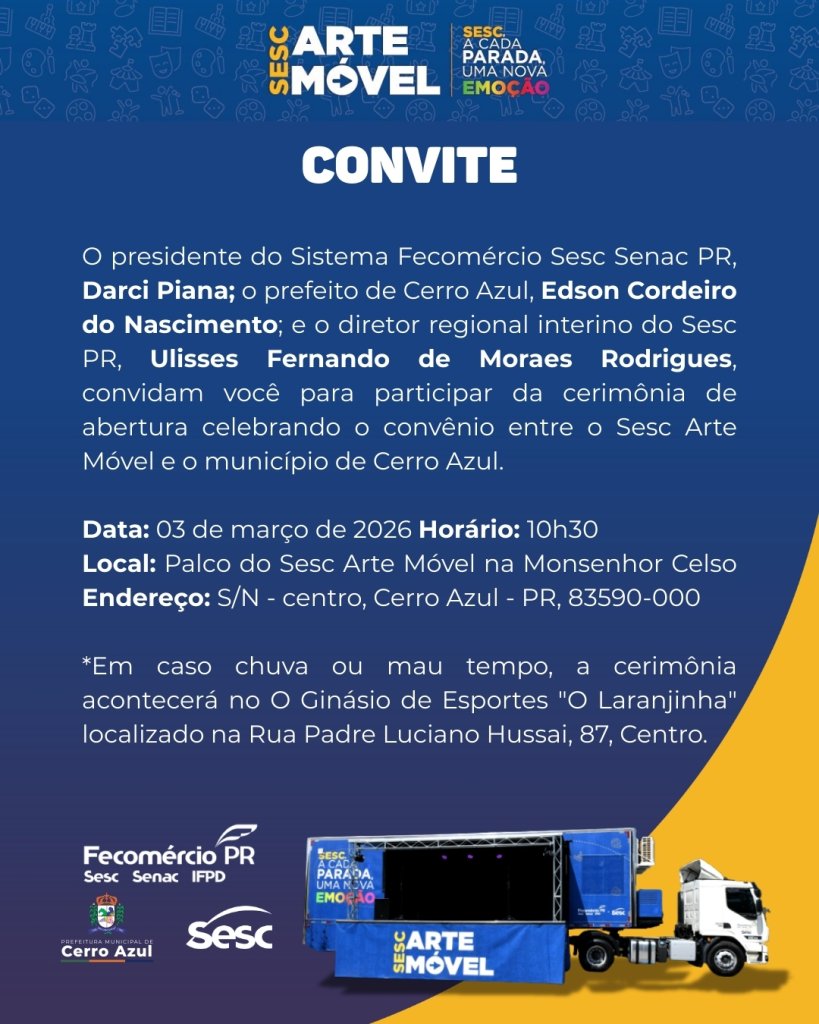 Sesc Arte Móvel chega a Cerro Azul com espetáculos gratuitos na Praça Central